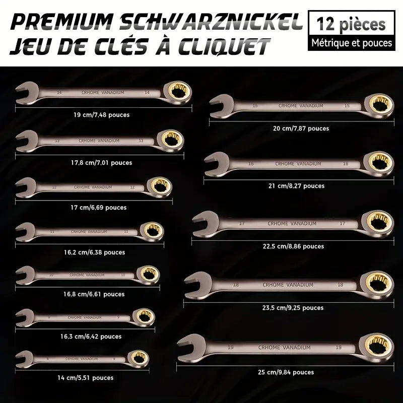 Jeu de clés à cliquet 12 pièces métriques – Outils manuels en acier CR-V avec étui