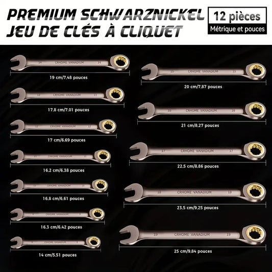 Jeu de clés à cliquet 12 pièces métriques – Outils manuels en acier CR-V avec étui