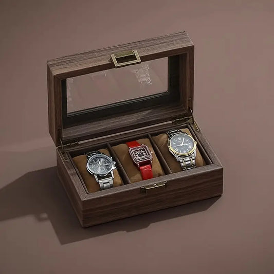 Boîte à montres en bois 3 emplacements – Coffret élégant avec couvercle en verre