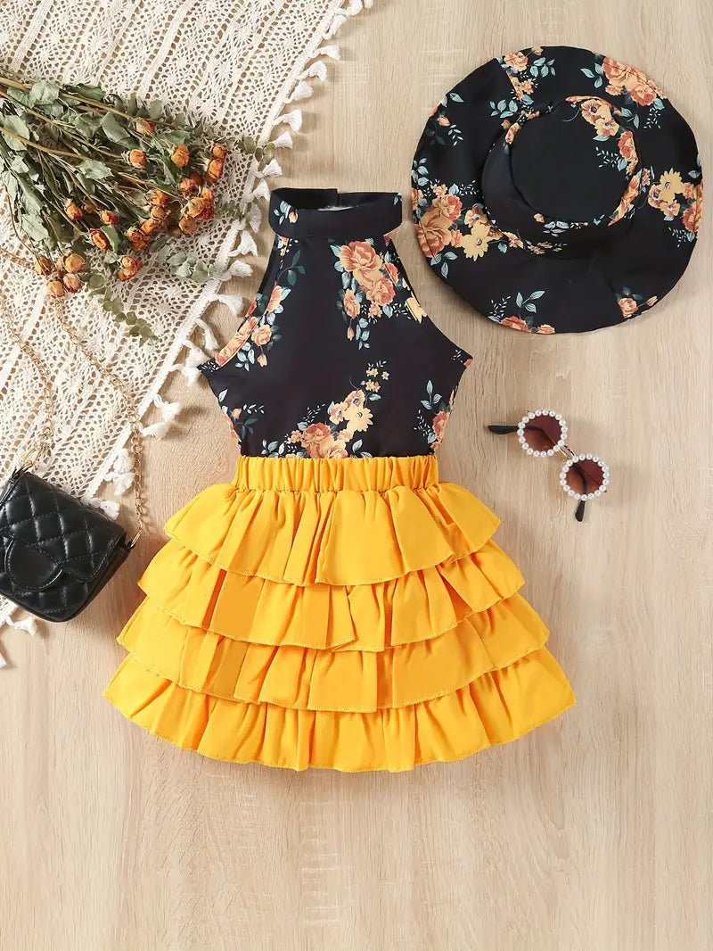 Ensemble fille été 2 pièces – Haut fleuri noir et jupe jaune à volants