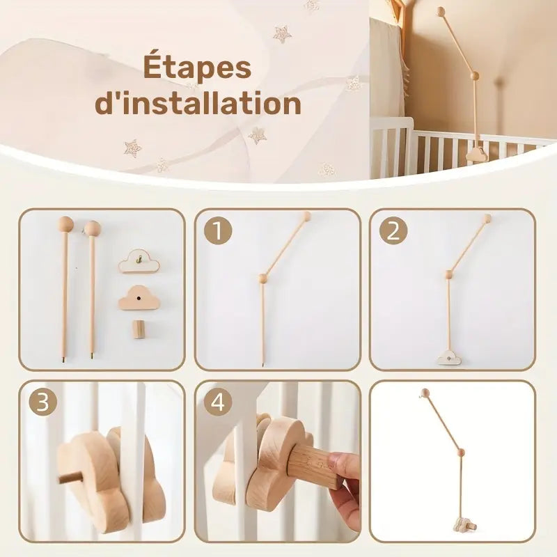 Support mobile en bois pour lit bébé – Bras rotatif décoratif pour chambre bébé