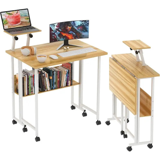 Bureau Informatique Compact avec Roulettes – Table d’Ordinateur Portable avec Étagère de Rangement