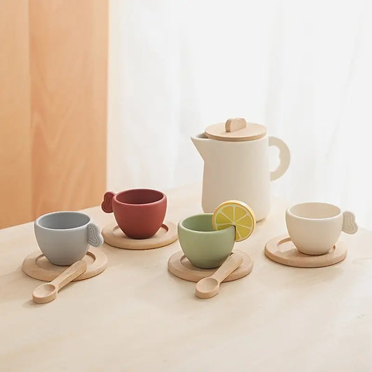 Service à Thé en Bois pour Enfants – Jouet d’Imitation Montessori avec Tasses et Théière Éducatives