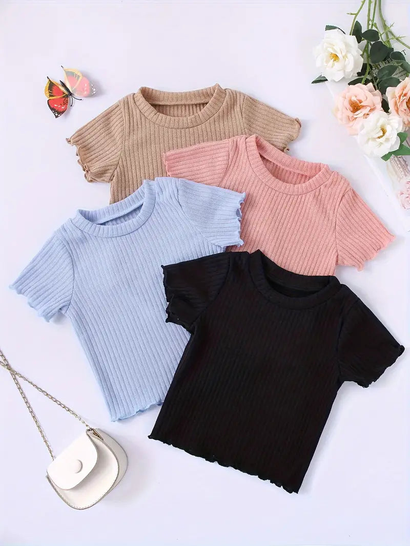 T-shirt Fille Côtelé Manches Courtes – Hauts Enfant Confortables et Tendance en Lot Multicolore