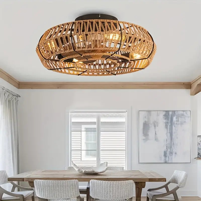 Ventilateur de Plafond LED avec Abat-Jour en Rotin Tressé – Éclairage Intégré et Télécommande pour Ambiance Naturelle