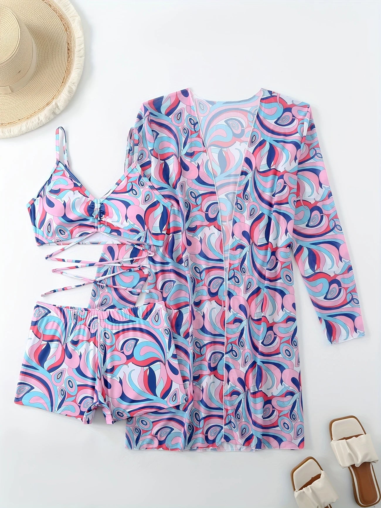 Ensemble 3 pièces de plage femme – Maillot, short et kimono assortis au style géométrique chic