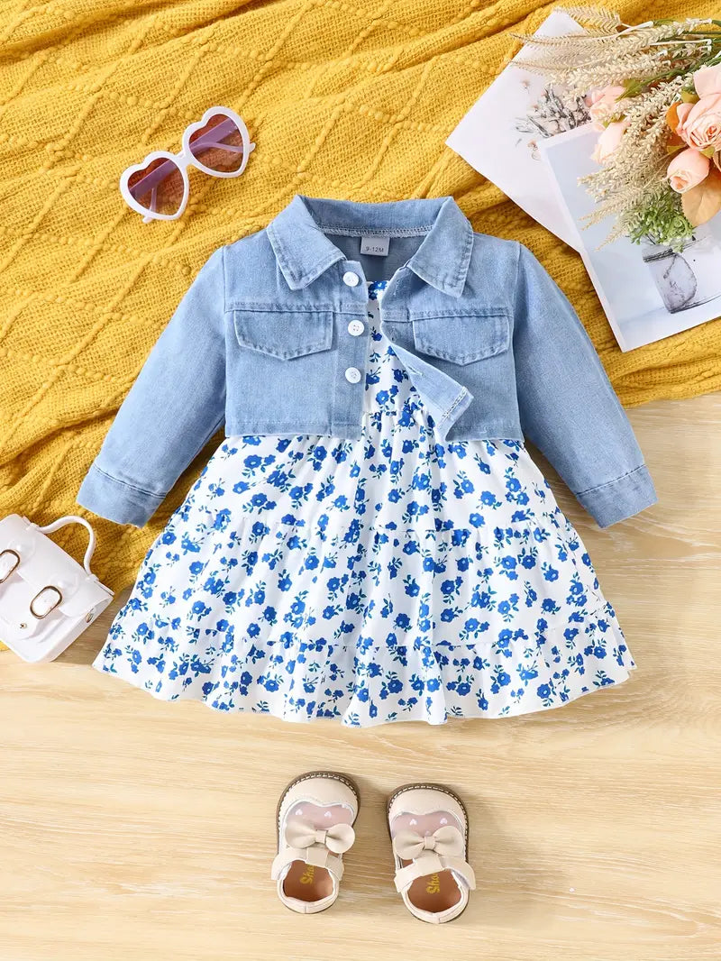 Robe Bébé Fille à Fleurs avec Haut en Jean – Tenue Printemps Été Élégante
