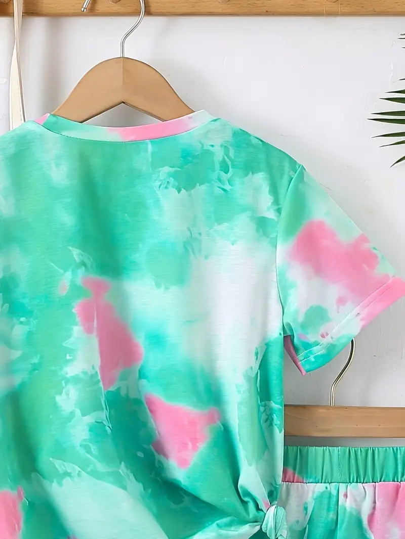Chemise fille tie and dye vert et rose avec imprimé cœur – style tendance et coloré