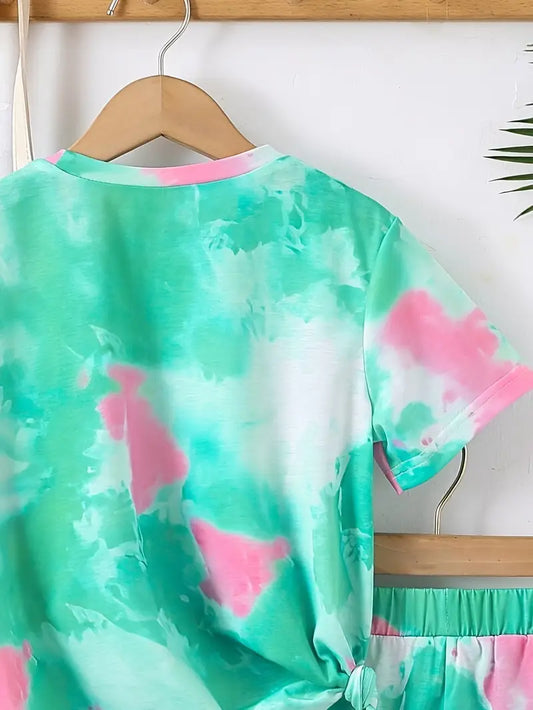 Chemise fille tie and dye vert et rose avec imprimé cœur – style tendance et coloré