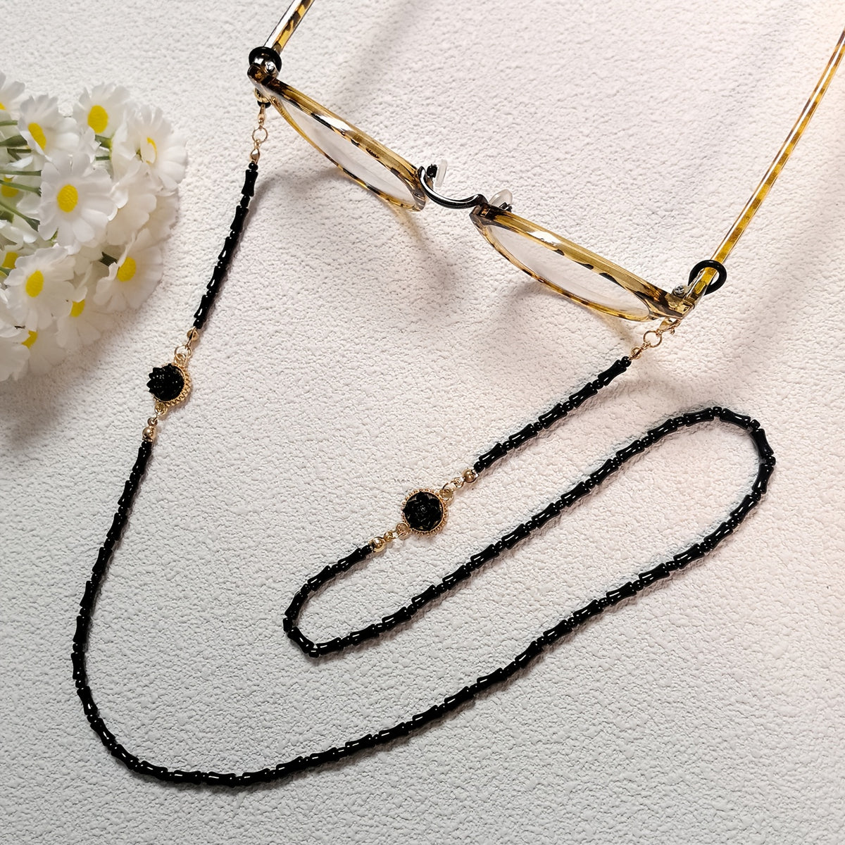 chaîne de lunettes Lotus Noir Femme Perles Noires Lanière Rétro Cool