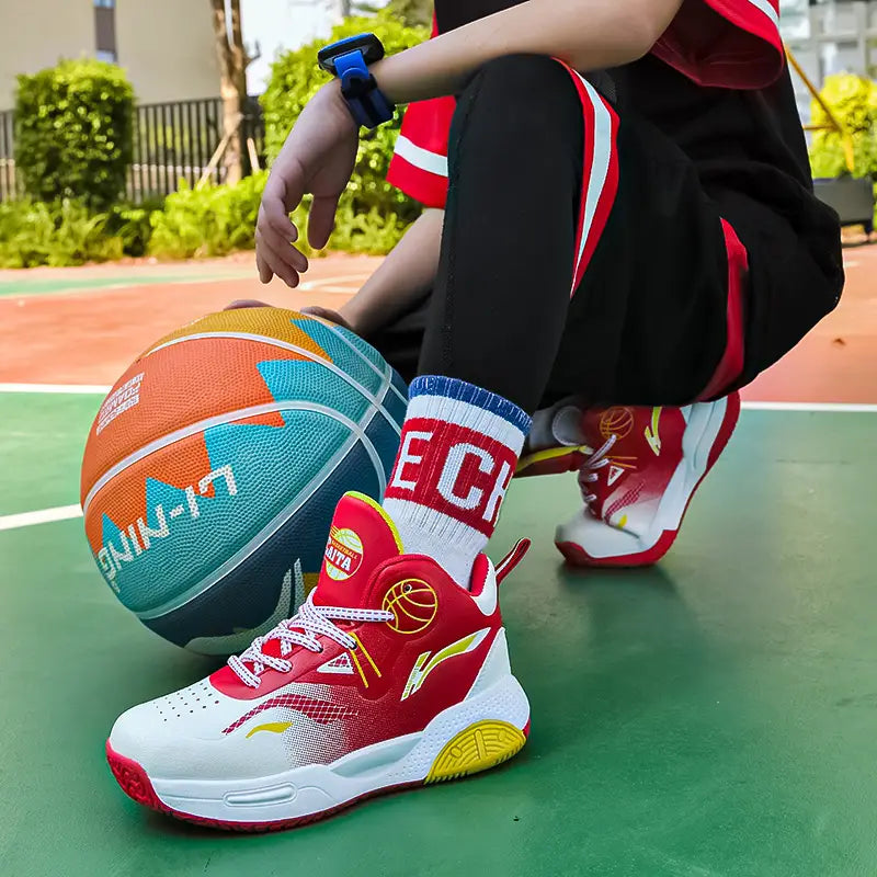 Baskets garçon – Chaussures de basketball montantes jaune et bleu respirantes avec semelle antidérapante