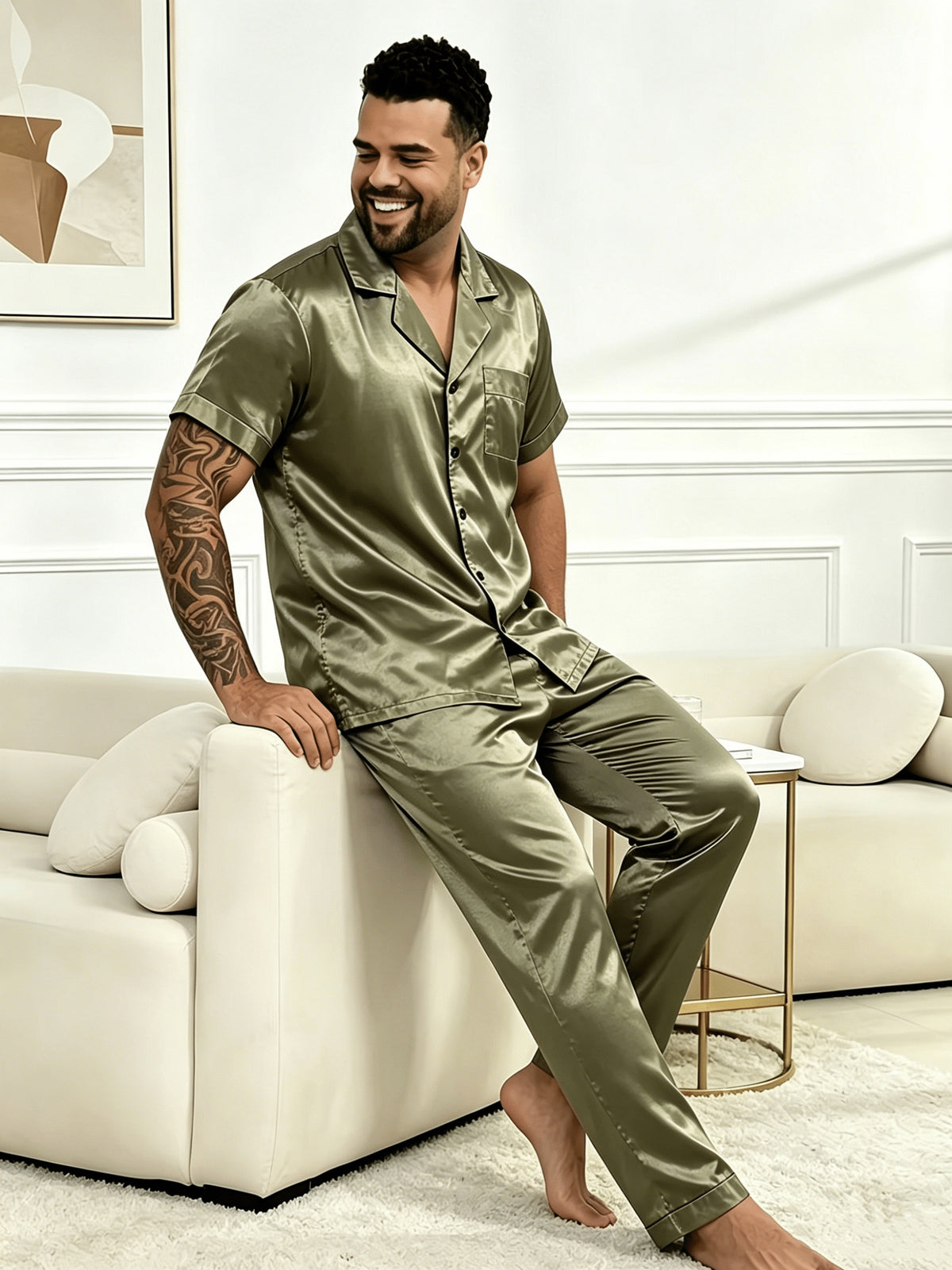 Ensemble pyjama 2 pièces grande taille pour homme en tissu fibre vert