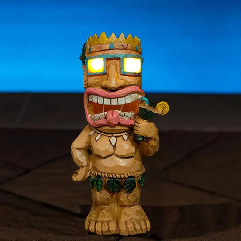 Statue Tiki Lumineuse avec Tambour – Décoration LED Solaire pour Ambiance Tropicale en Extérieur