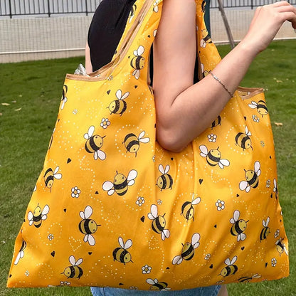 Sac Cabas Femme Pliable Motif Abeilles Jaune – Tote Bag Réutilisable et Écologique