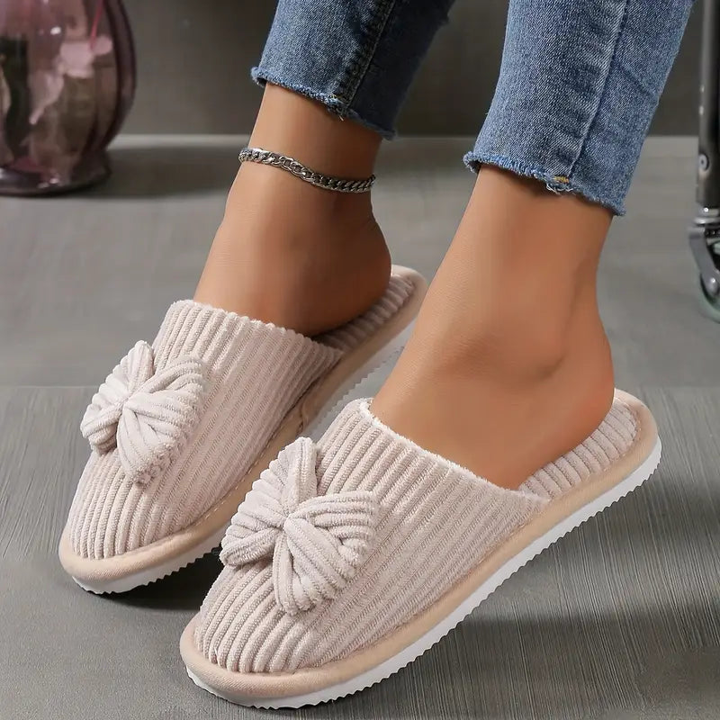 Chaussons Femme Hiver en Velours Côtelé avec Nœud – Pantoufles Douces et Chaudes Antidérapantes