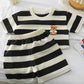 Ensemble chemise garçon rayé noir et blanc avec ourson brodé – t-shirt manches courtes et short été