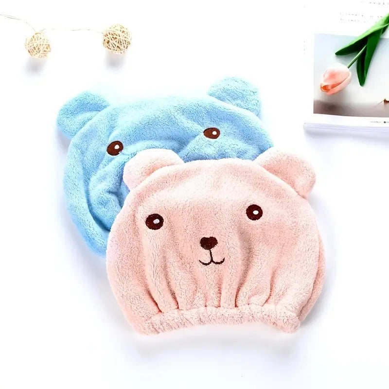 Bonnets Séchage Rapide en Microfibre Forme Ours – Ultra Doux pour Enfants et Adultes – Lot de 2 (Rose & Bleu)