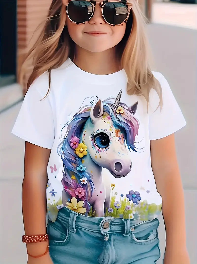 T-shirt Fille Licorne Colorée – Haut Enfant Manches Courtes Imprimé Fantaisie et Tendance