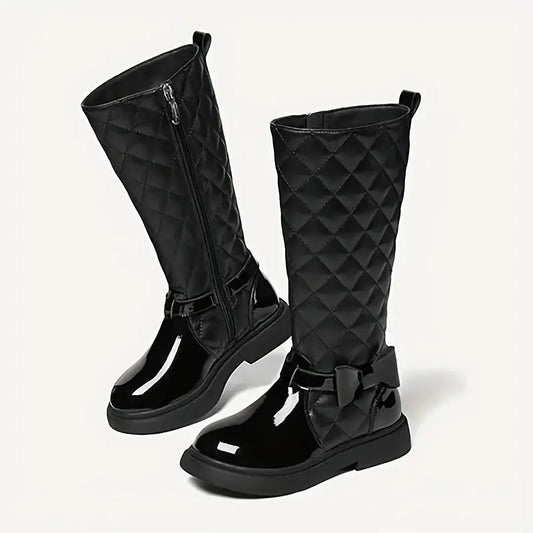 Bottes fille noires matelassées avec nœud – Chaussures élégantes et chaudes pour l’hiver