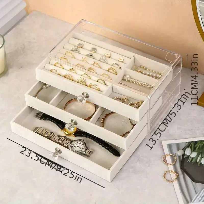 Boîte à bijoux en verre et velours à 3 tiroirs – Organisateur élégant pour bagues, colliers, boucles d’oreilles et bracelets