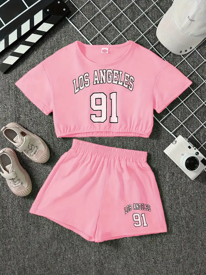 Chemise fille jaune style crop top avec imprimé Los Angeles, coloris Rose