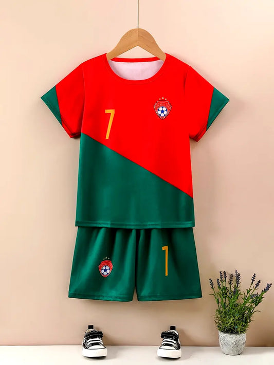 Ensemble Football Enfant – Maillot et Short de Sport Blanc à Carreaux Rouges
