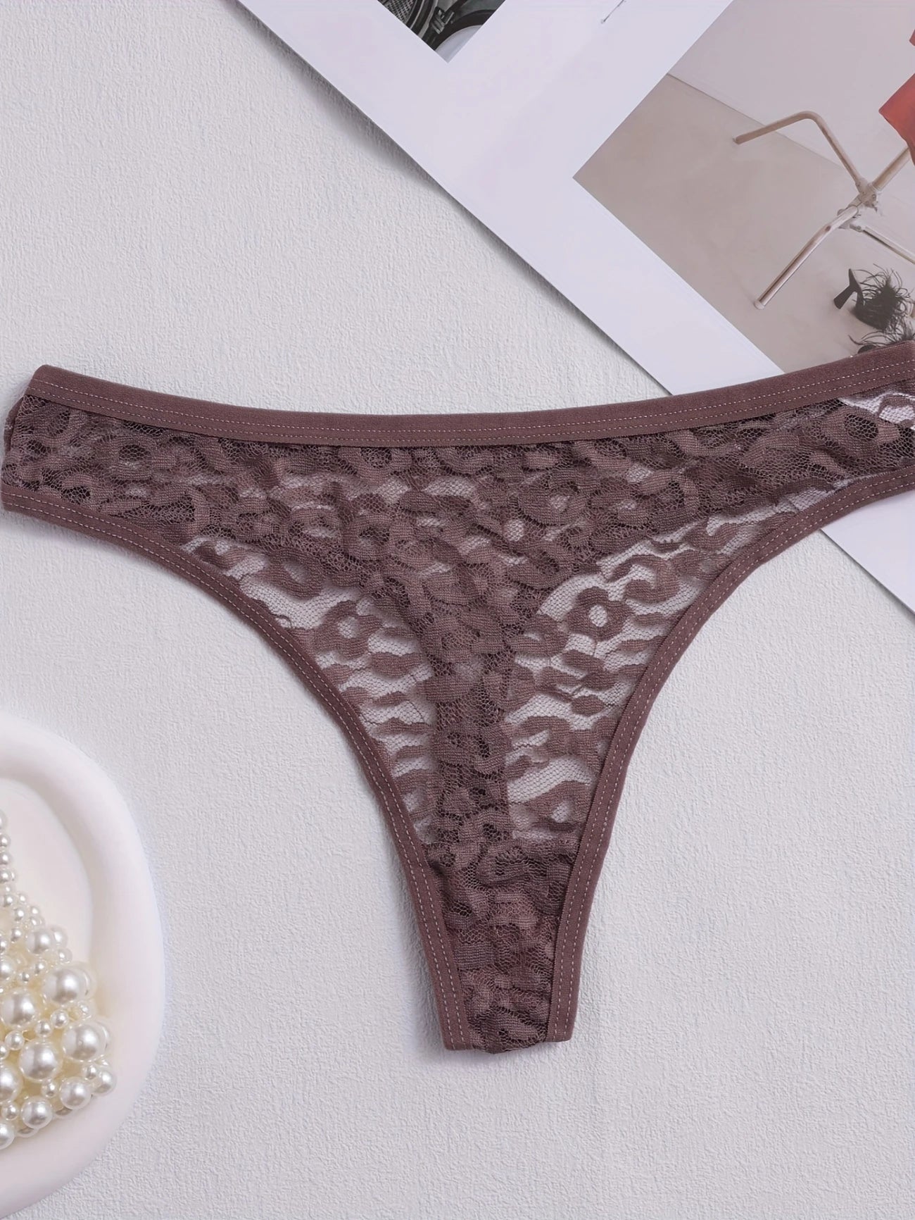 Lot de Strings Sexy Femme en Dentelle Transparente – Lingerie Fine Confortable, Motif Léopard Discret