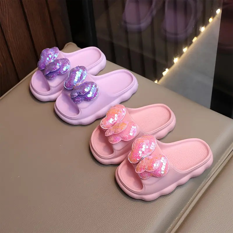 Sandales fille papillon à paillettes – Pantoufles d’été confortables et antidérapantes