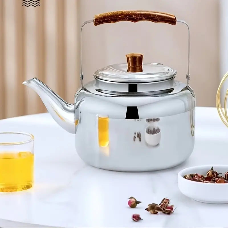 Théière en Inox avec Poignée Bois – Bouilloire Traditionnelle pour Café ou Thé – Compatible Tous Feux