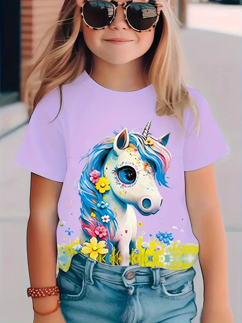 T-shirt Fille Licorne Colorée – Haut Enfant Manches Courtes Imprimé Fantaisie et Tendance