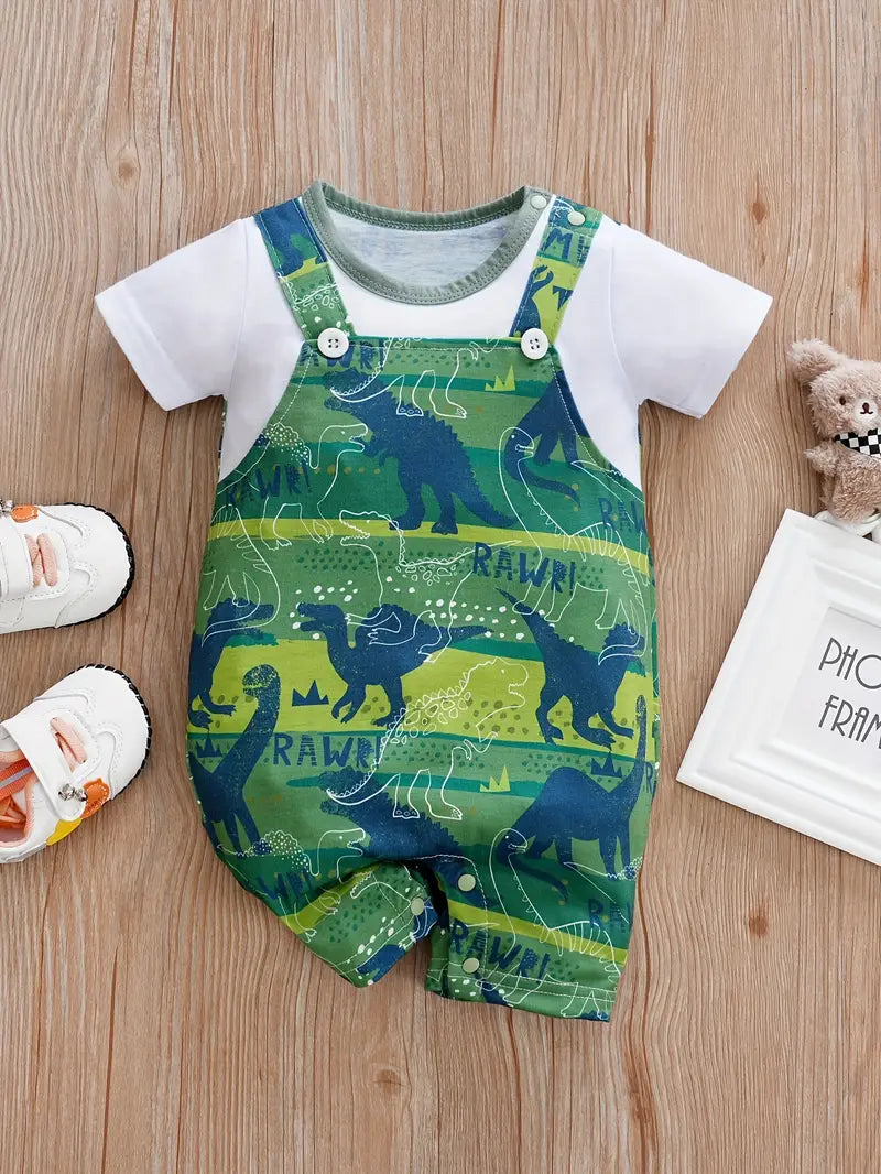 Body Bébé Salopette Dinosaure avec T-Shirt Blanc – Ensemble Été Confortable et Original