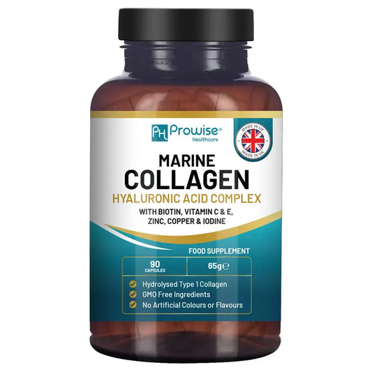 Complément Marine Collagène & Acide Hyaluronique – 90 Gélules | Biotine, Vitamines C & E, Zinc, Cuivre, Iode – Anti-Âge & Beauté de la Peau