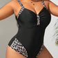 Maillot de Bain Une Pièce Femme Grande Taille – Noir Élégant avec Détail Léopard Galbant