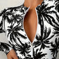 Maillot de Bain Rashguard Femme Longsleeve – Imprimé Palmiers Noirs et Blancs, Fermeture Éclair Frontale