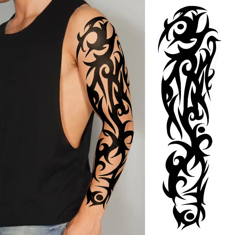 Tatouages Temporaires Bras Complet – Lot de 10 Manches Tattoo Réalistes Noirs & Gris | Effet 3D, Waterproof & Longue Durée – Style Crâne, Horloge, Aigle, Guerrier