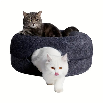 Lit Donut Double Entrée pour Chat – Maison Fermée en Feutre avec Coussin Douillet Intégré