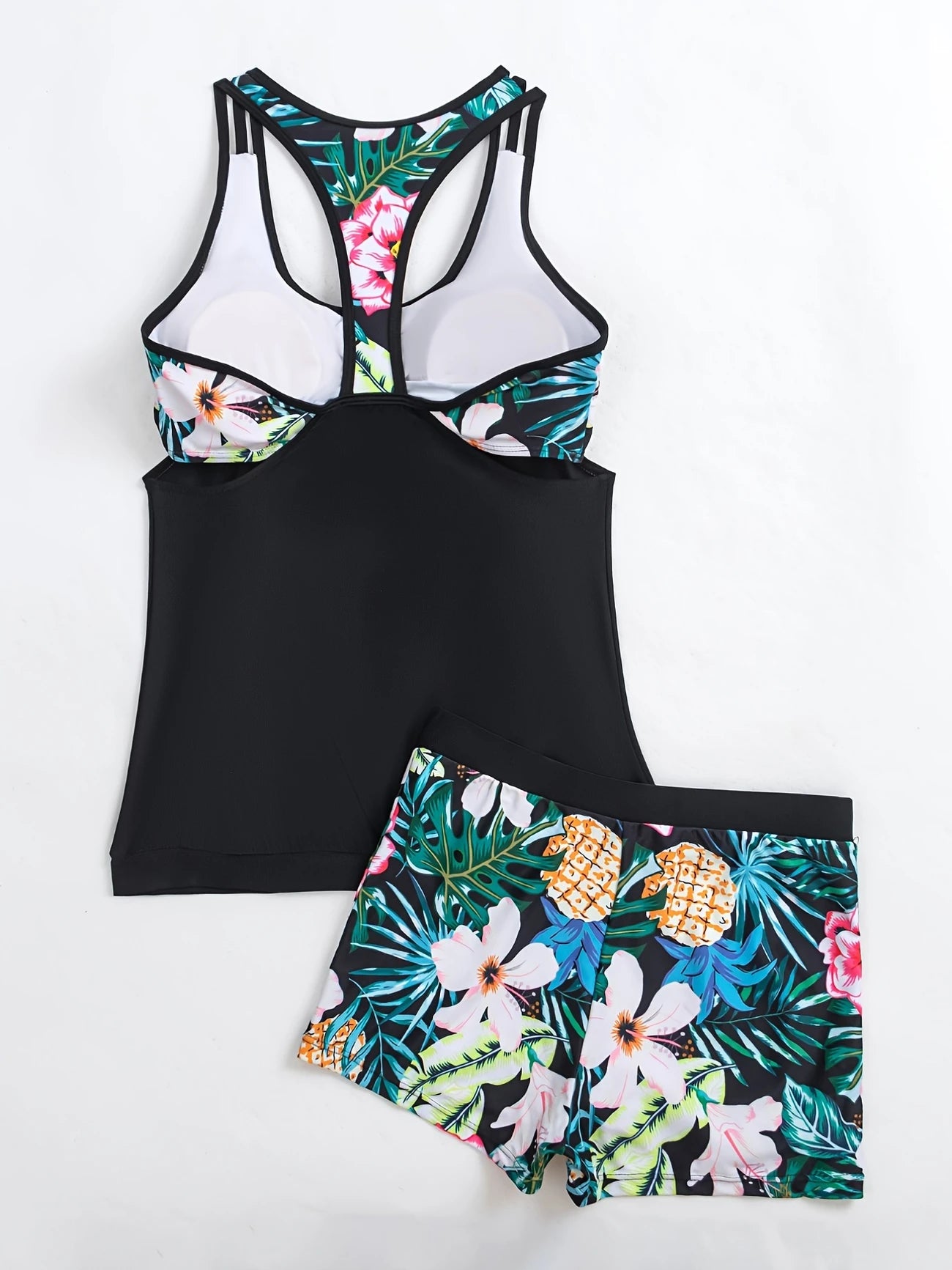 Tankini femme sport à dos nageur et short fleuri – Confort et style pour la plage ou la piscine