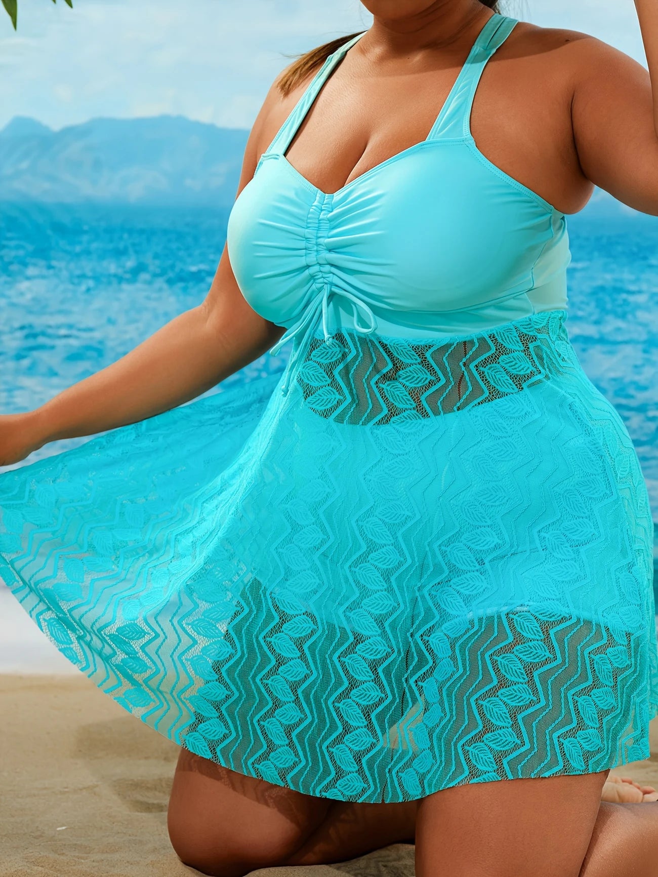 Tankini grande taille turquoise à dentelle – Maillot deux pièces shorty gainant