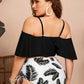 Maillot de bain deux pièces grande taille – Haut à volants noir & culotte feuillage taille haute