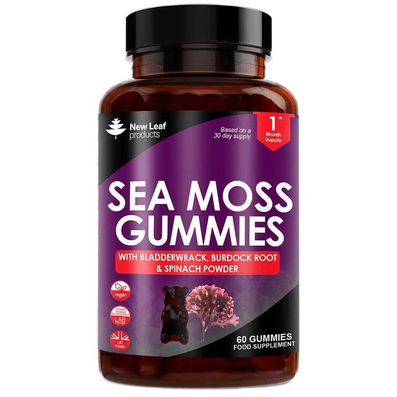 Sea Moss Gummies – 60 Gommes Vegan | Avec Bladderwrack, Racine de Bardane & Poudre d’Épinard | Immunité, Énergie & Détox Naturelle – 1 Mois de Cure