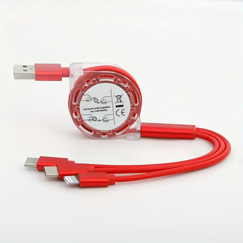 Câble 3-en-1 Rétractable Rose – USB vers Lightning, Type-C et Micro USB – Charge Rapide et Compact pour Tous Appareils