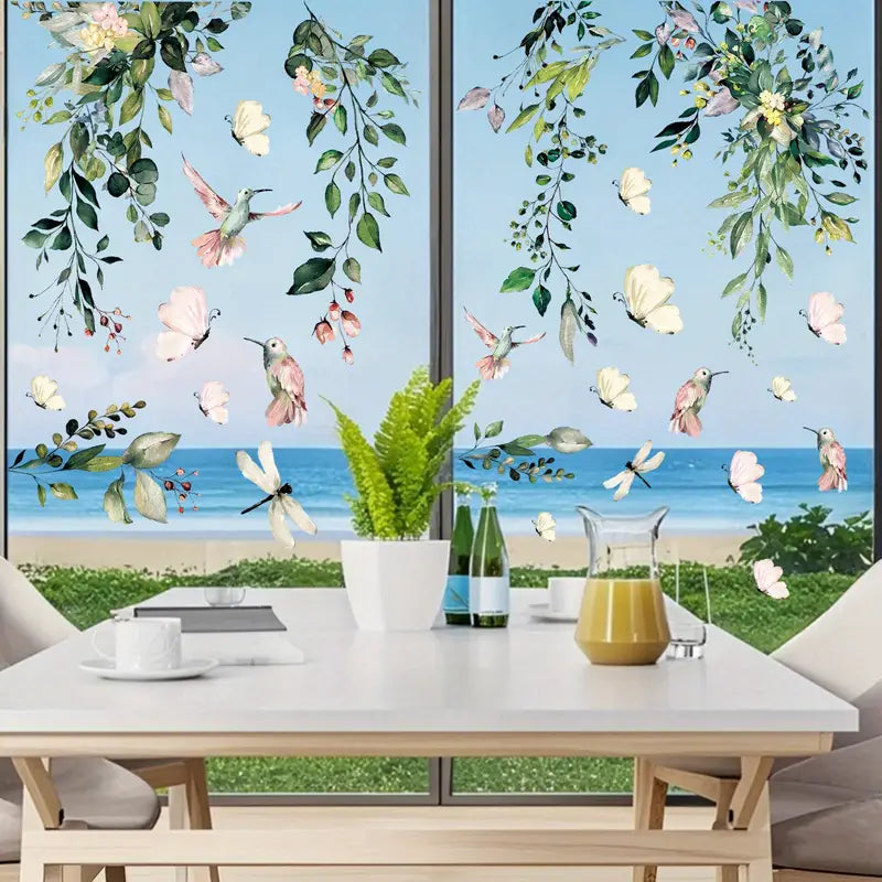 Stickers Électrostatiques pour Fenêtres – Motif Nature Feuillage et Colibris | Décoration Apaisante pour Classe
