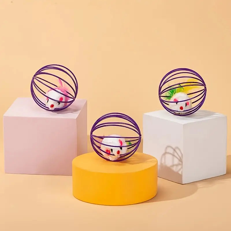 Jouet Souris en Cage pour Chat – Balle en Métal avec Plumes pour Petits Animaux Actifs (6 cm)