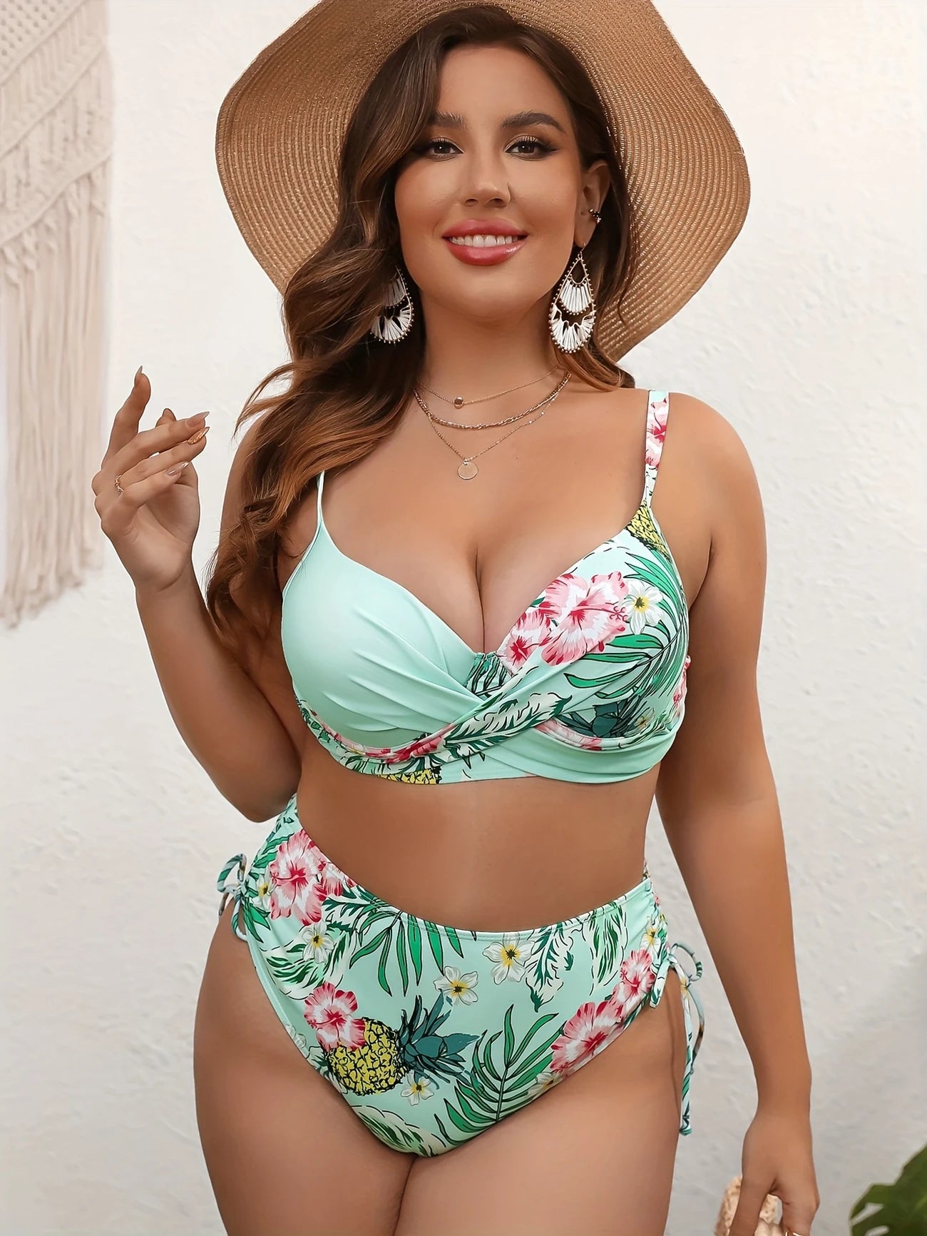 Ensemble Bikini Taille Haute Imprimé Tropical – Haut Croisé Maintien & Bas Ajustable