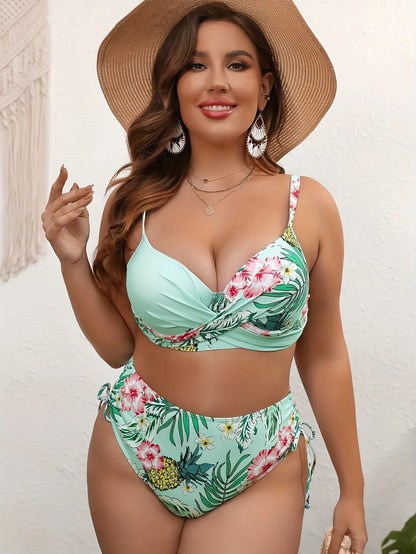 Ensemble Bikini Taille Haute Imprimé Tropical – Haut Croisé Maintien & Bas Ajustable
