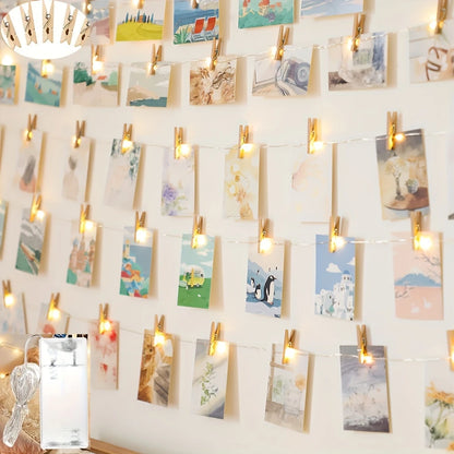 Guirlande lumineuse à pinces bois – Décoration murale photo chaleureuse et naturelle