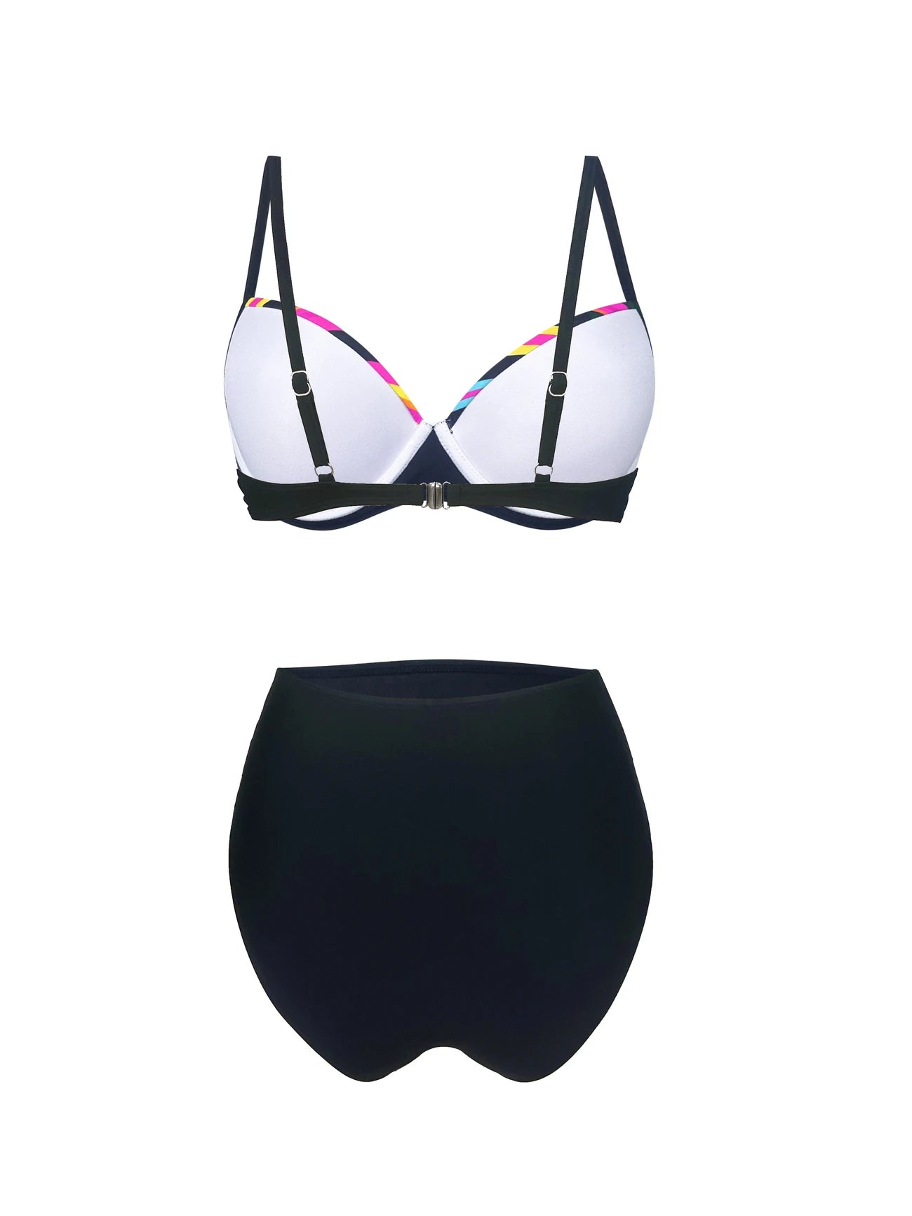 Bas de bikini taille haute gainant – Rayures multicolores et ceinture effet ventre plat pour silhouette affinée