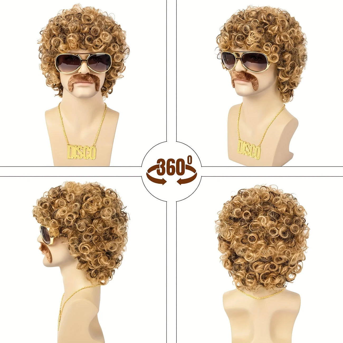 Kit Perruque Homme Disco Années 70 – Afro Bouclé Blond/Noir, Lunettes, Moustache & Collier Doré