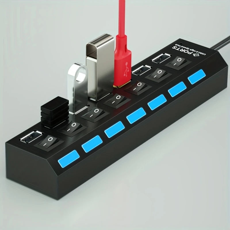 Hub USB 4/7 Ports avec Interrupteurs Individuels – Multiprise USB 2.0/3.0 Haute Vitesse pour PC, Ordinateur Portable et Périphériques