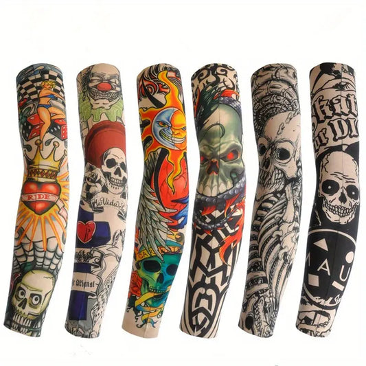 Manchons Tatouage Temporaires – Lot de 6 Manches Effet Tattoo Réaliste | Élastiques, Respirants & Réutilisables – Style Tribal, Crâne, Motifs Noirs